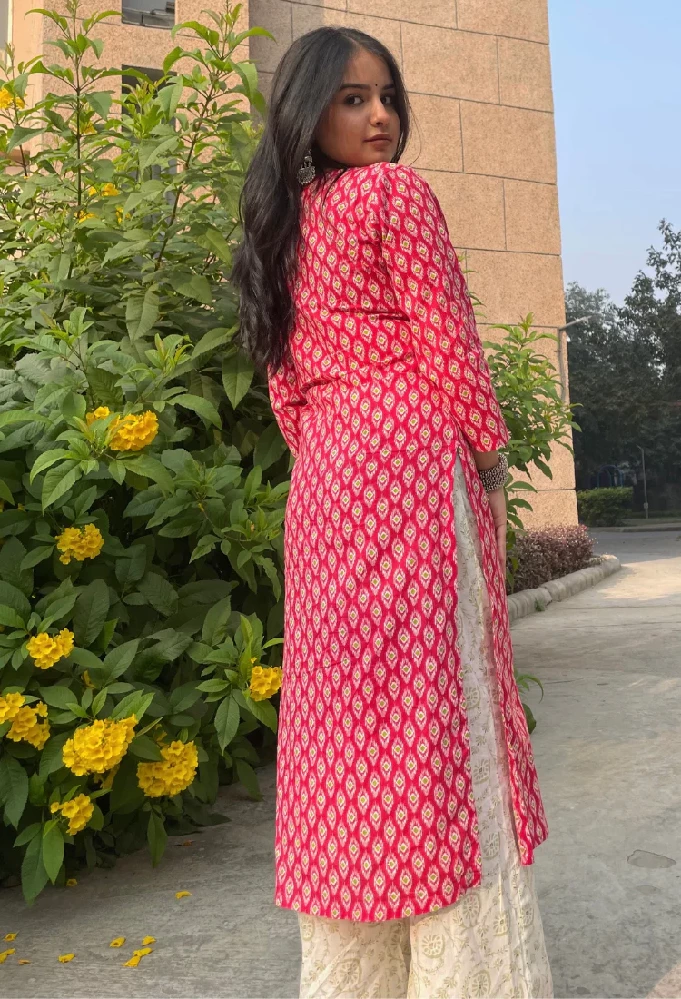 Rose Pink Sanagneri Print Kurti Palazzo Set-3.webp